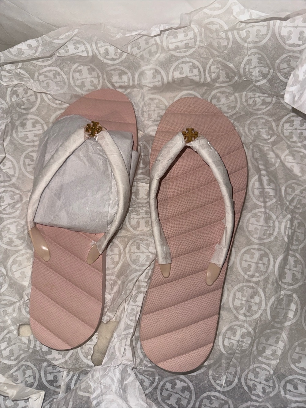 Tory Burch Blush Pink Quilted Thong Sandals with Gold Logo